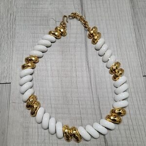 Vintage Monet Gold Tone and White Enamel Bean Link Choker Necklace